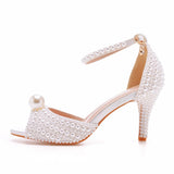 Crystal Queen White Pearl Sandals Women Open Toe High Heels Lady Luxury Wedding Shoes Banquet Dress Stiletto