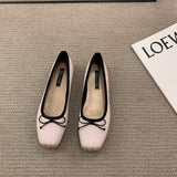 Classic Female Flats Ballerina Shoes Women Fashion Square Toe Pleated Ballet Bow Knot Shallow Moccasin Casual Loafer Sliver