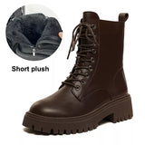 Brown Pu Leather Ankle Boots for Women Autumn Winter Short Plush Motorcycle Boots Woman Vintage Lace Up Botas Shoes