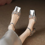 Footwear with Medium Heels Summer Silver Sandals for Woman Party Weddings Women's Shoes Closed Square H Chic and Elegant F