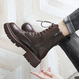 Brown Pu Leather Ankle Boots for Women Autumn Winter Short Plush Motorcycle Boots Woman Vintage Lace Up Botas Shoes